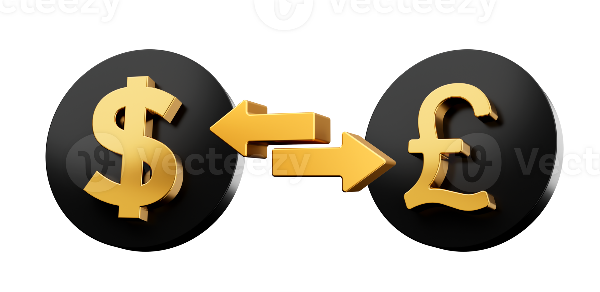 3d Golden Dollar And Pound Symbol On Rounded Black Icons With Money Exchange Arrows, 3d illustration png