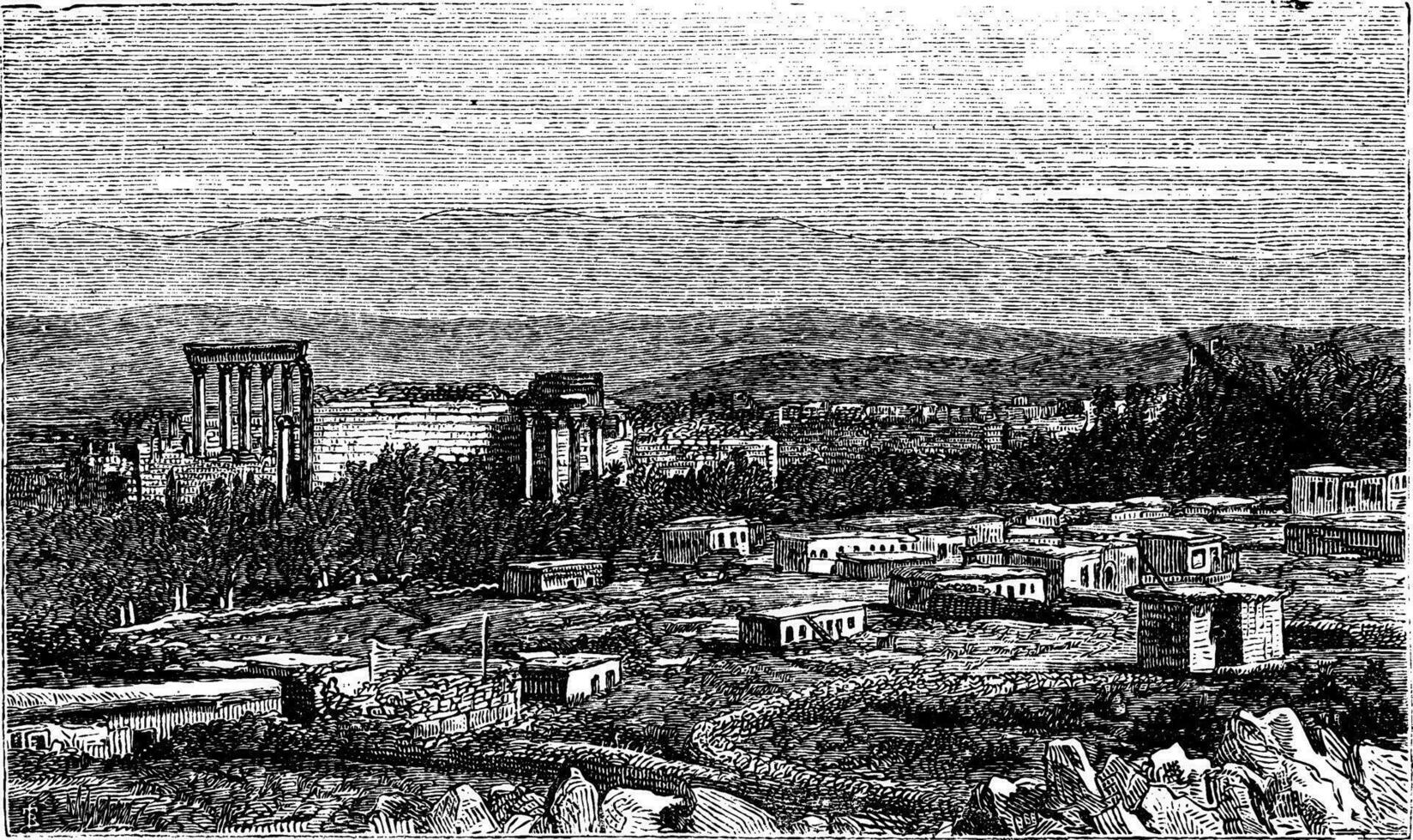 Ruins at Baalbek, Ancient Babylon vintage engraving. vector