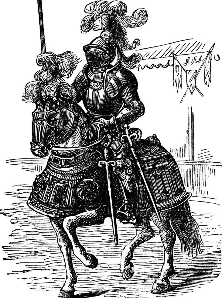 Ironclad full bodied armored horse and rider. Old engraving vector