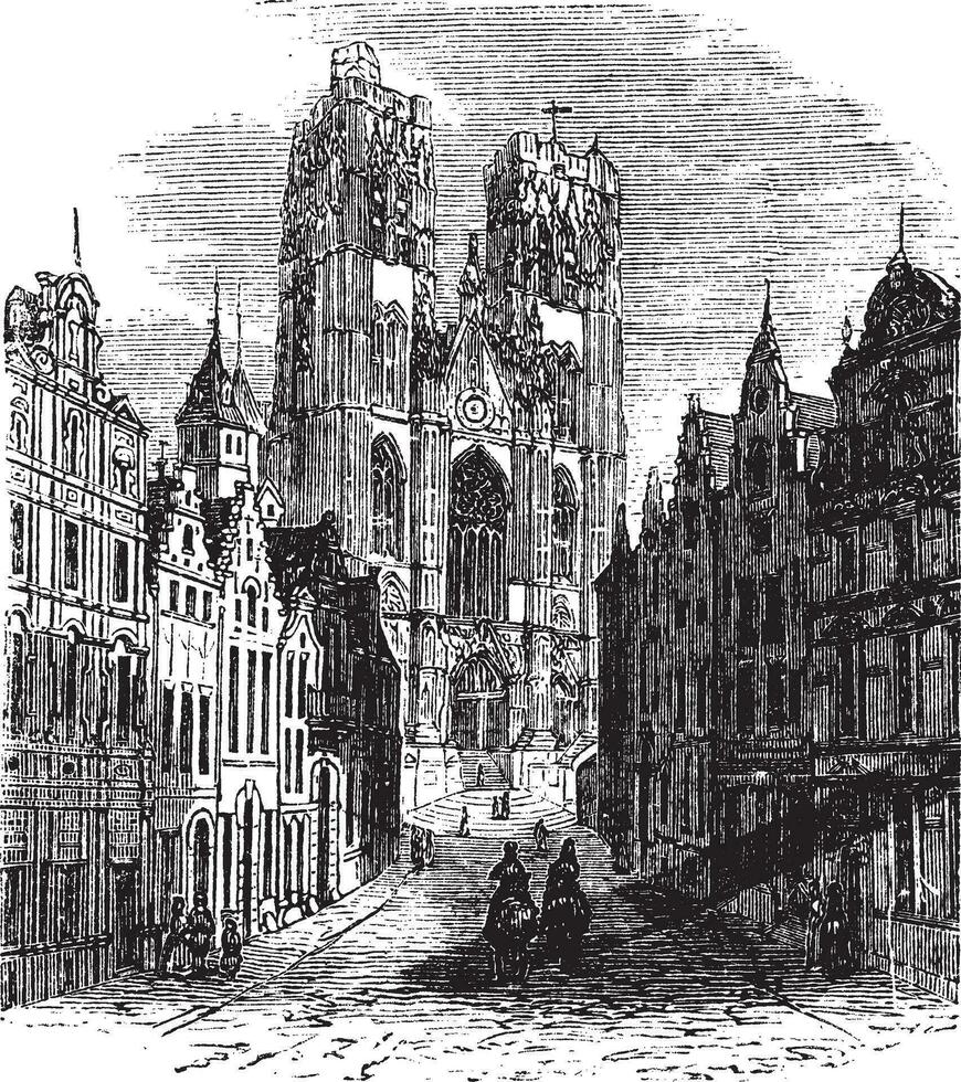 The Church Saint-Gudula of Brussels, Belgium. Vintage engraving. vector