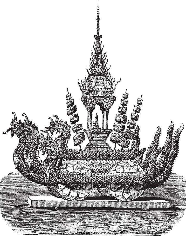 Chariot of Buddha in a cave, vintage engraving. vector