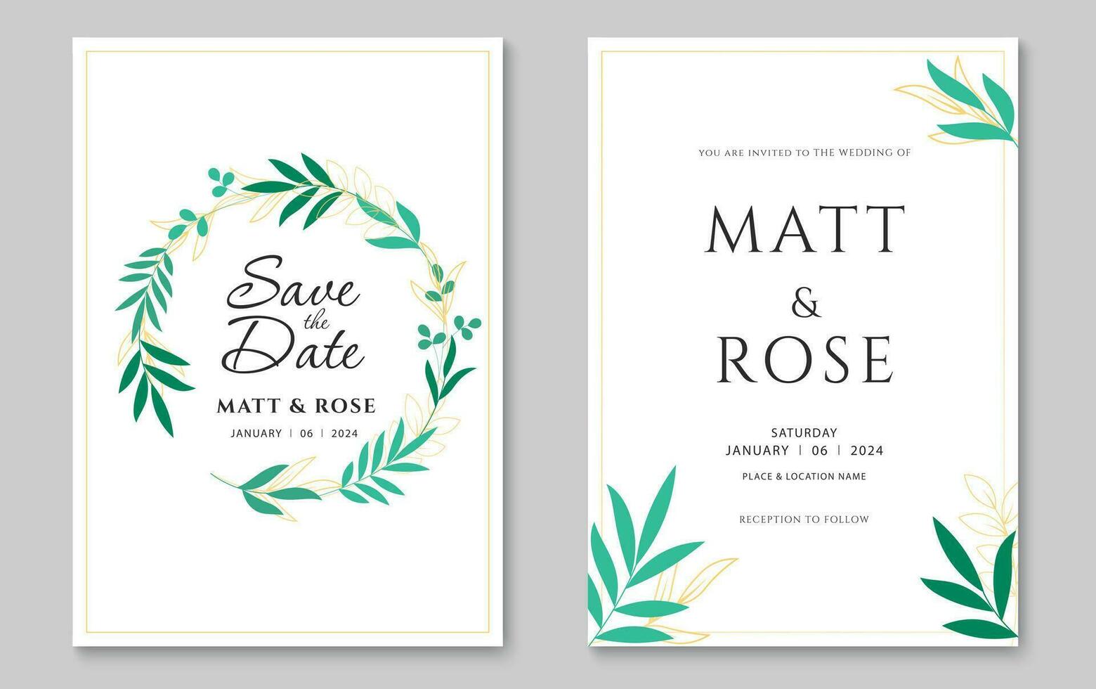 Wedding invitation card template. Abstract leaves art background design. Vector illustration