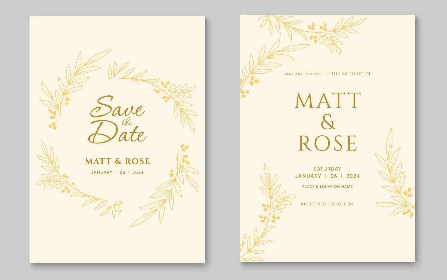 Elegant wedding invitation card template. Wedding invitation cover design with gold leaf line art. Vector illustration