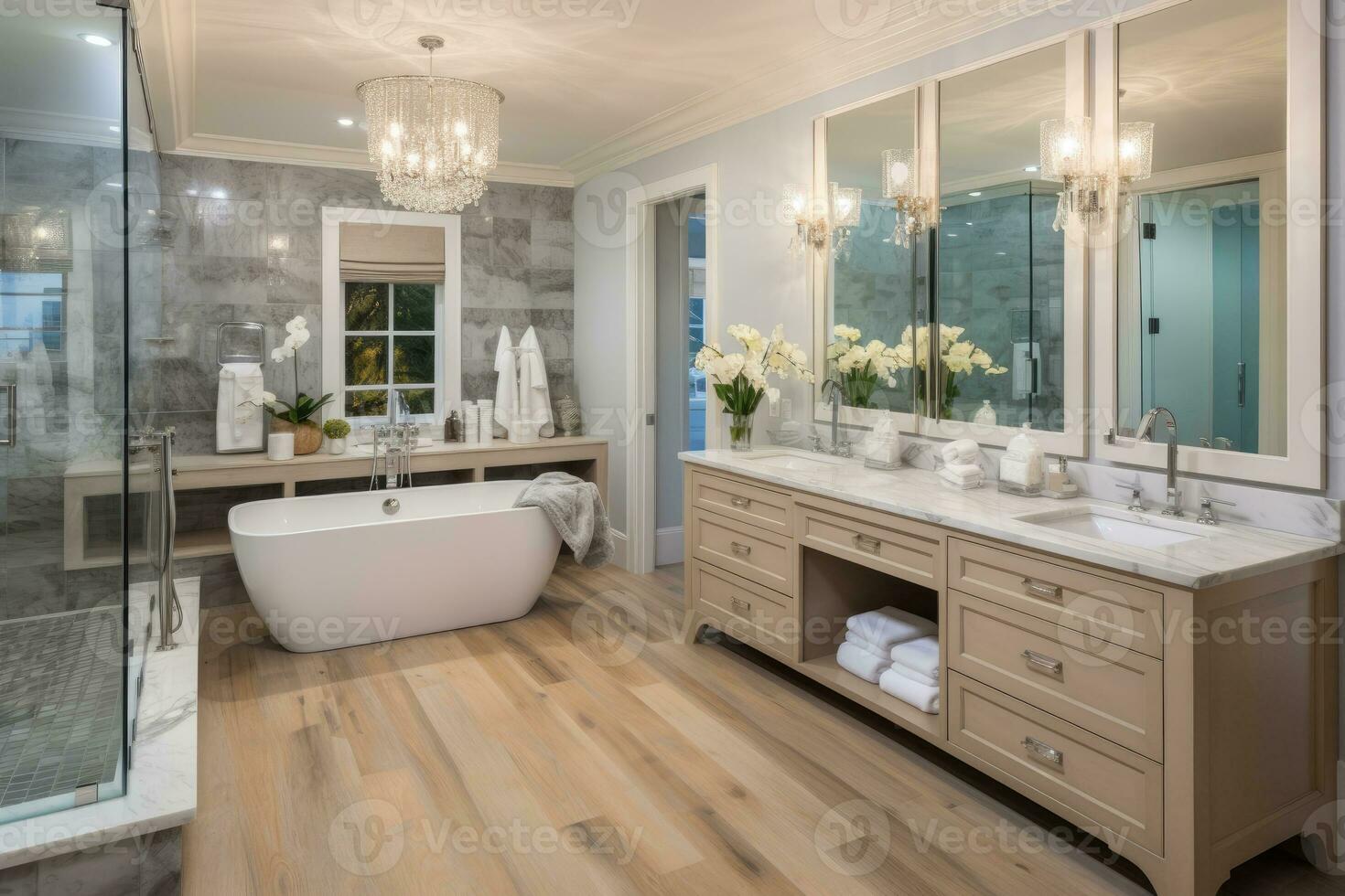 AI generated Beautiful bathroom in luxury home with double vanity photo