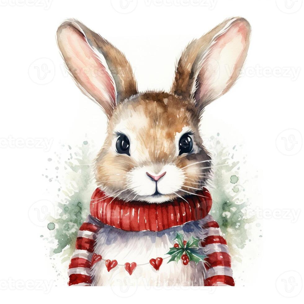 AI generated Generative AI, cute rabbit animal, pet in Christmas hat and ugly sweaters, watercolor style. photo