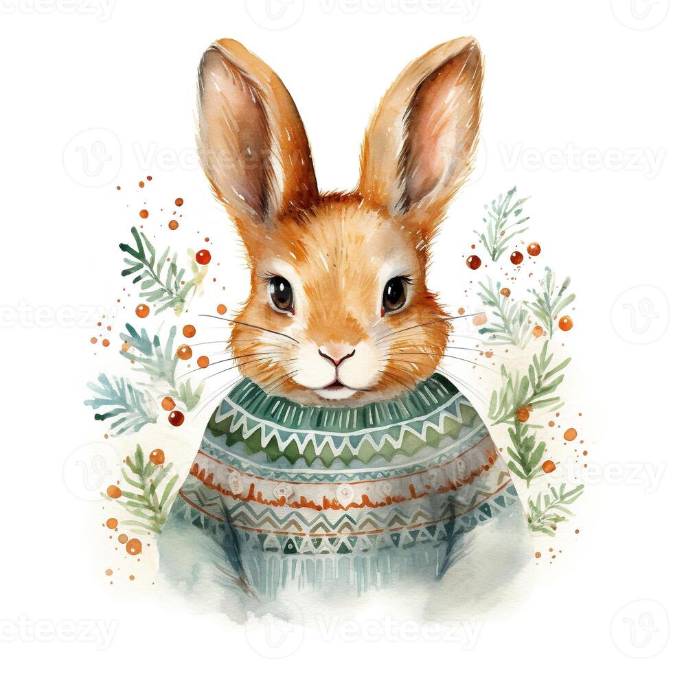 AI generated Generative AI, cute rabbit animal, pet in Christmas hat and ugly sweaters, watercolor style. photo