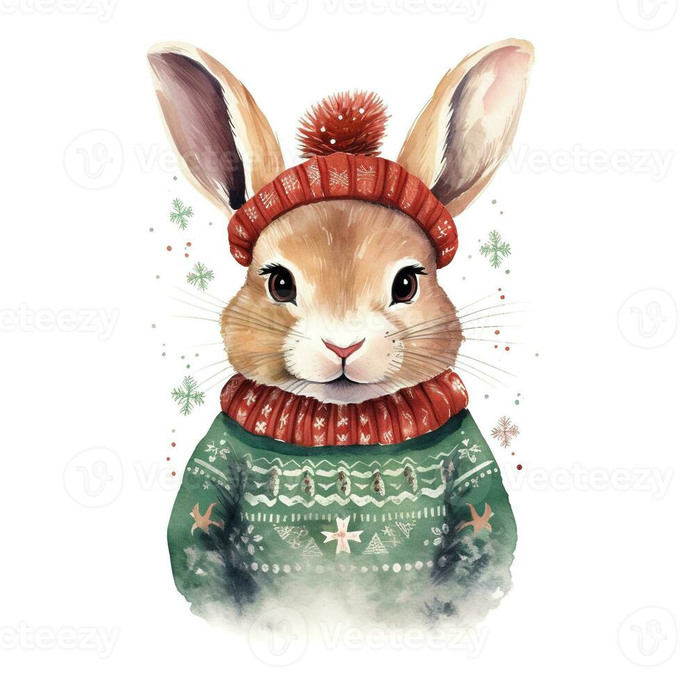 AI generated Generative AI, cute rabbit animal, pet in Christmas hat and ugly sweaters, watercolor style. photo