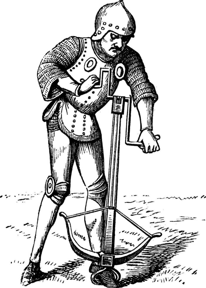 A medieval crossbowman soldier vintage engraving. vector
