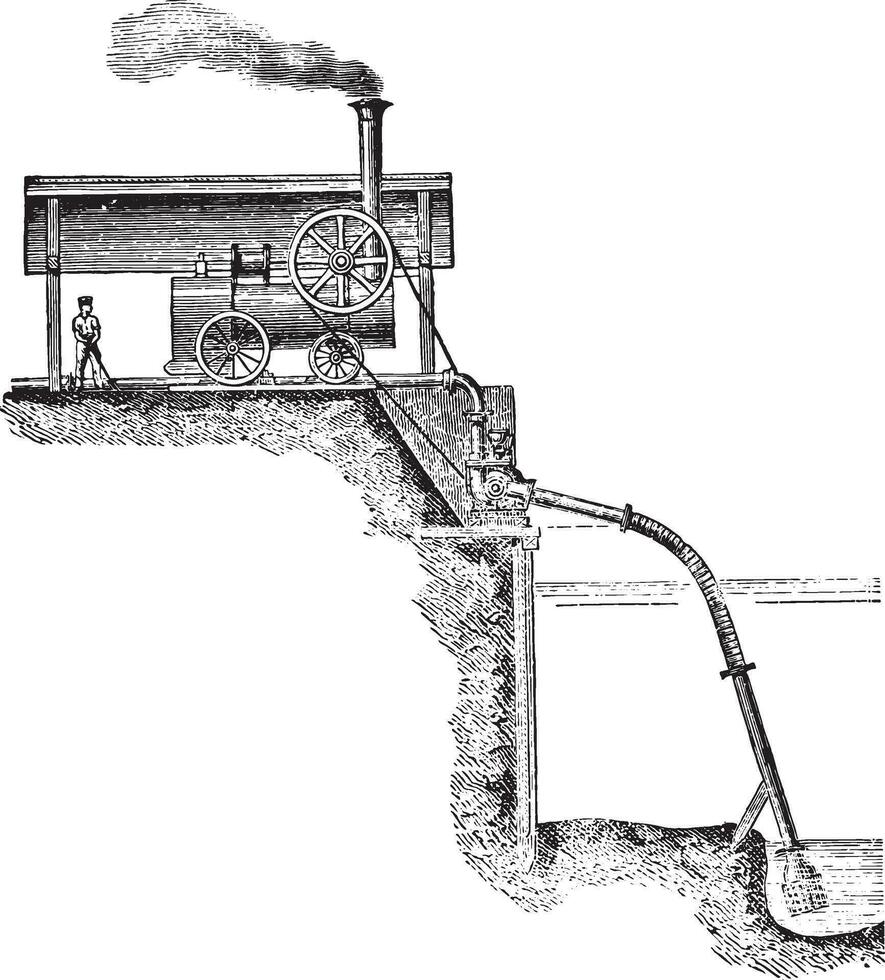 Pump applied to an exhaustion work, vintage engraving. vector