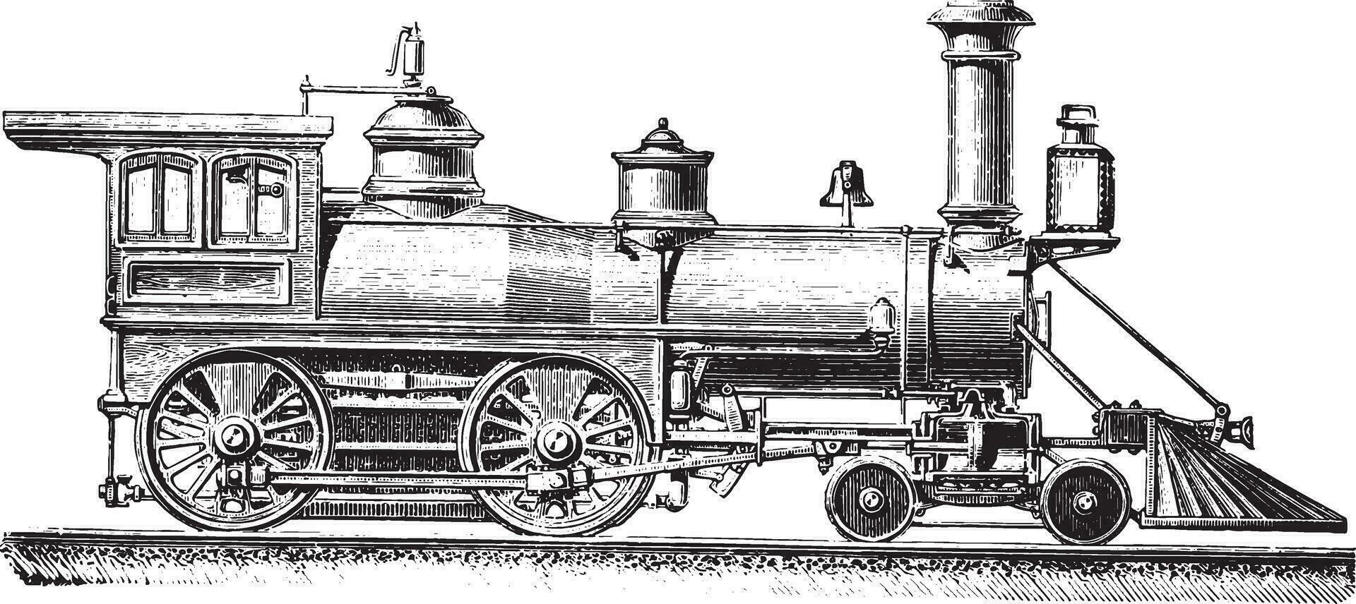 American type machine with two coupled axles, vintage engraving. vector