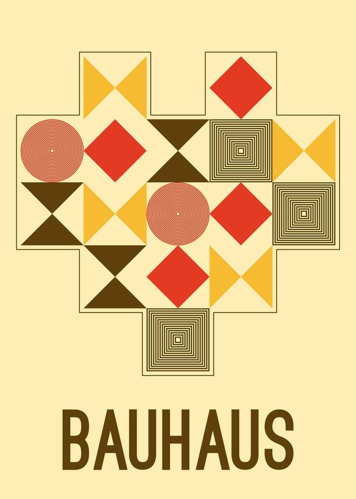 Abstract geometric bauhaus poster with shape of Heart. Triangles, squares, circle and other primitive forms. Modern love flat style. Primitive vector illustration