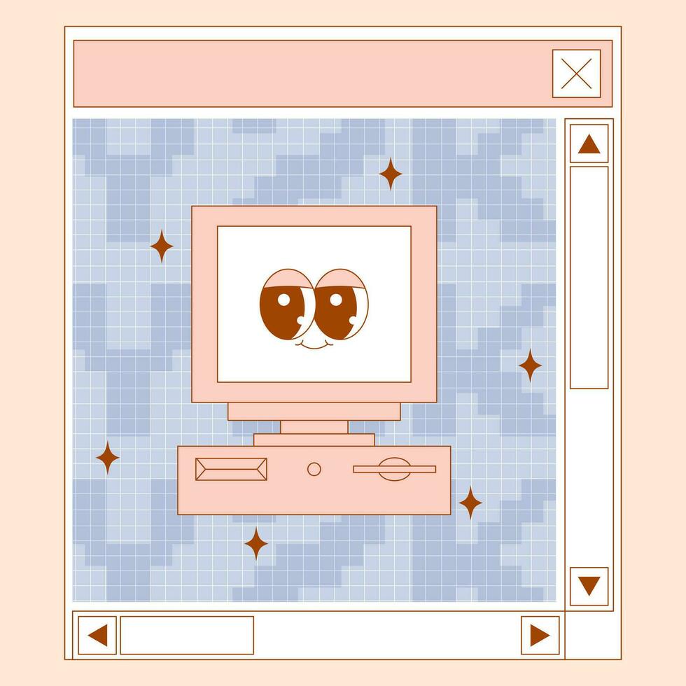 User Interface y2k sticker. Retro Browser window. Cute personal computer character with psychedelic smile and emotion. Flat style. Delicate pastels vector illustration.