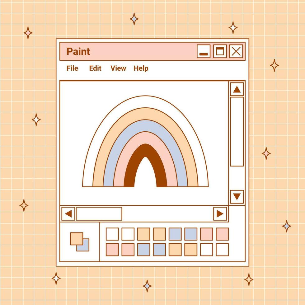 User Interface y2k sticker. Retro card browser Paint window, buttons, rainbow. Nostalgia pc elements and operating system. Delicate pastels vector illustration.