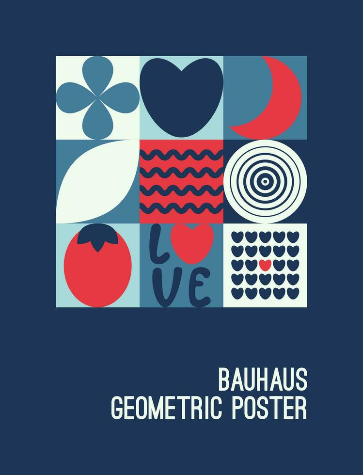 Abstract geometric bauhaus poster. Heart, love, strawberry, eye, moon and other primitive forms and shapes. Modern flat style. Primitive vector illustration