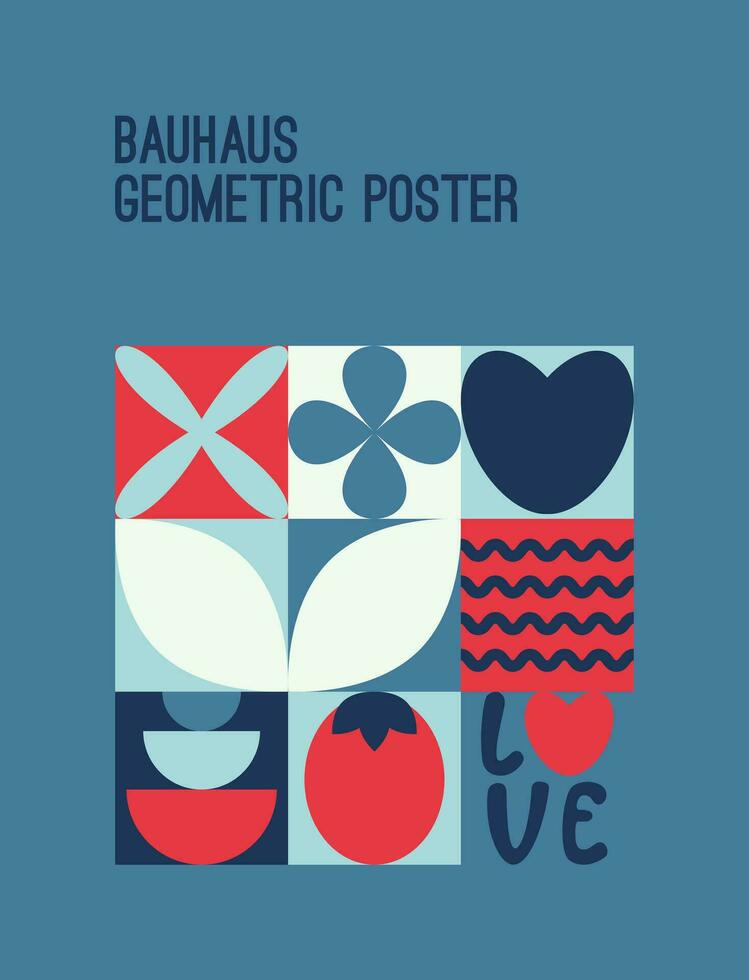 Abstract geometric bauhaus poster. Heart, love, strawberry, eye, moon and other primitive forms and shapes. Modern flat style. Primitive vector illustration