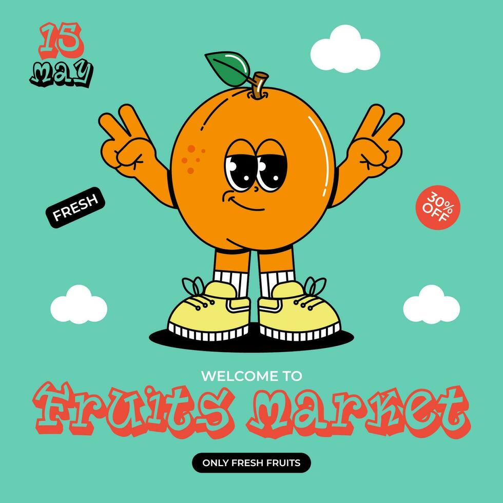 Cute character Peach in groovy cartoon style. Vintage mascot card with psychedelic smile and emotion. 70s, 80s retro vibes. Funky vector illustration