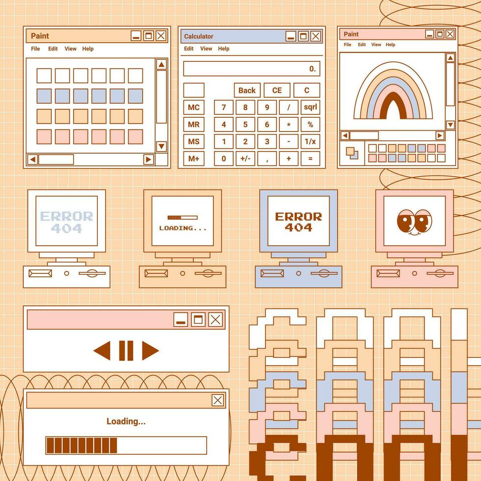 User Interface y2k card. Retro stickers with personal computer, lettering, notifications and more. Nostalgia pc elements and operating system. Delicate pastels vector illustration.