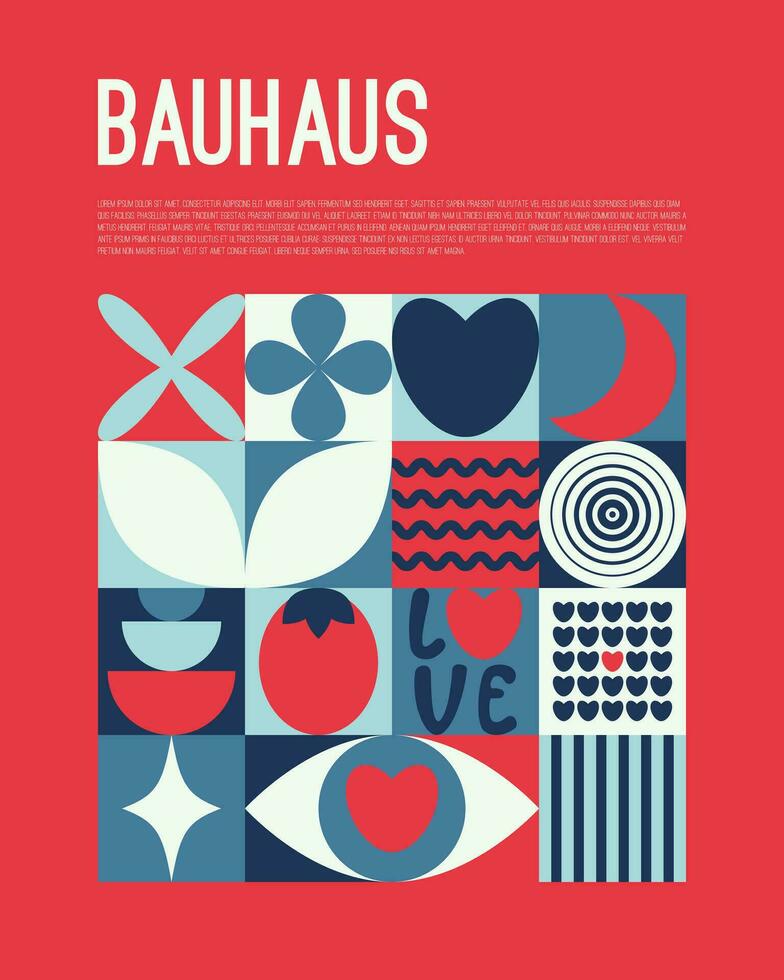 Abstract geometric bauhaus poster. Heart, love, strawberry, eye, moon and other primitive forms and shapes. Modern flat style. Primitive vector illustration