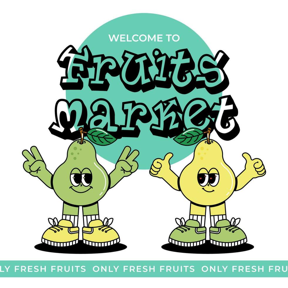 Cute character Pear in groovy cartoon style. Vintage mascot card with psychedelic smile and emotion. 70s, 80s retro vibes. 70s, 80s retro vibes. Vector illustration