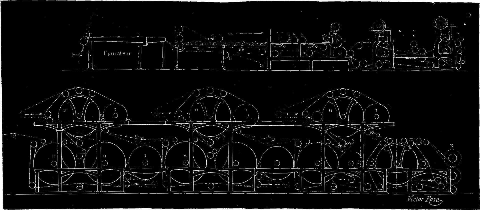 Overview of a continuous paper machine, vintage engraving. vector