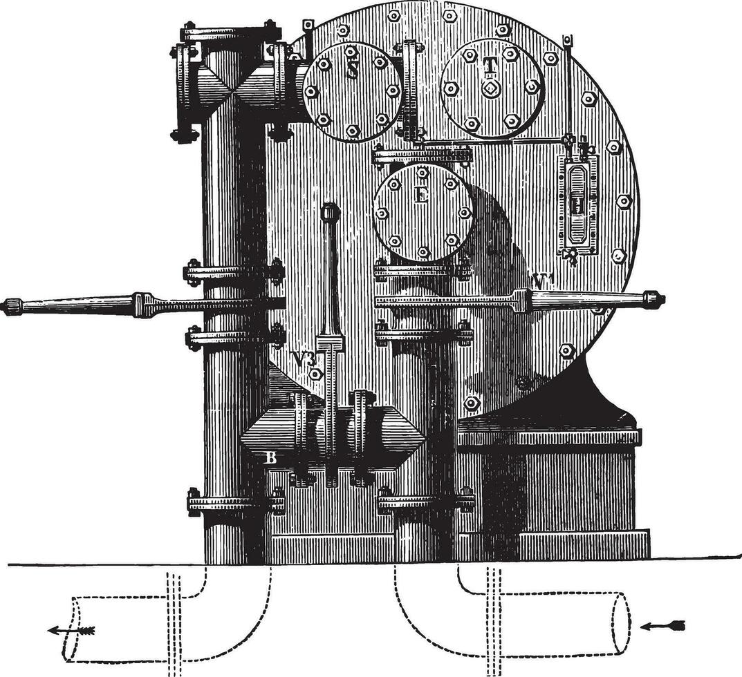 Meter factory seen from behind with three valves available for forming the bypass, vintage engraving. vector