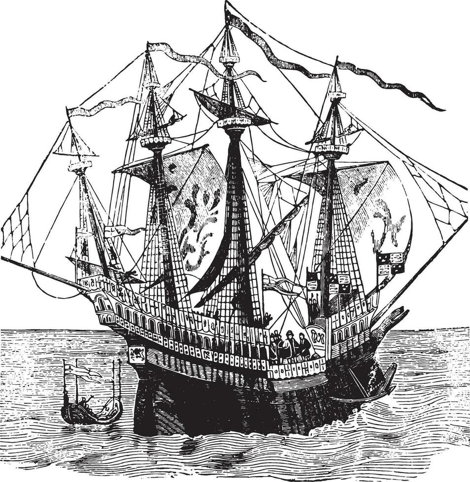 el gracia de Dios henri buque de guerra, Clásico grabado. vector