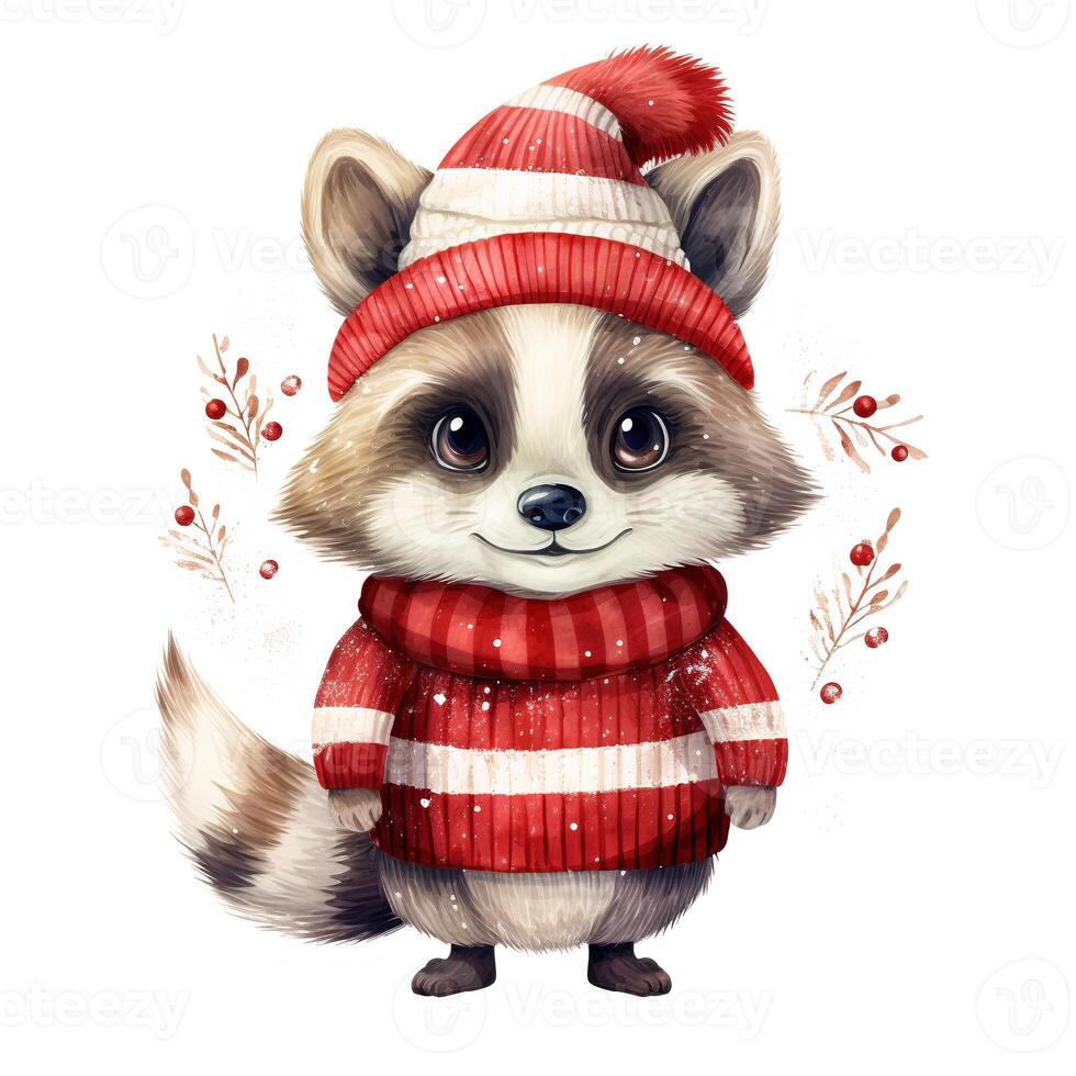 AI generated Generative AI, cute raccoon animal, pet in Christmas hat and ugly sweaters, watercolor style. photo