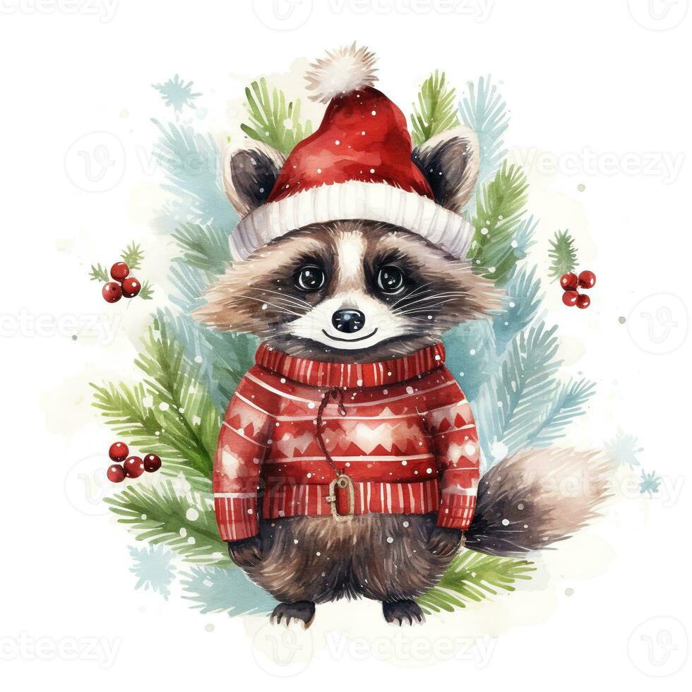 AI generated Generative AI, cute raccoon animal, pet in Christmas hat and ugly sweaters, watercolor style. photo