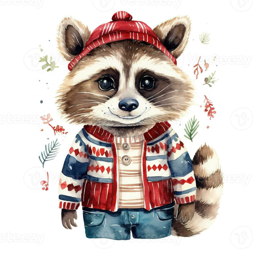 AI generated Generative AI, cute raccoon animal, pet in Christmas hat and ugly sweaters, watercolor style. photo