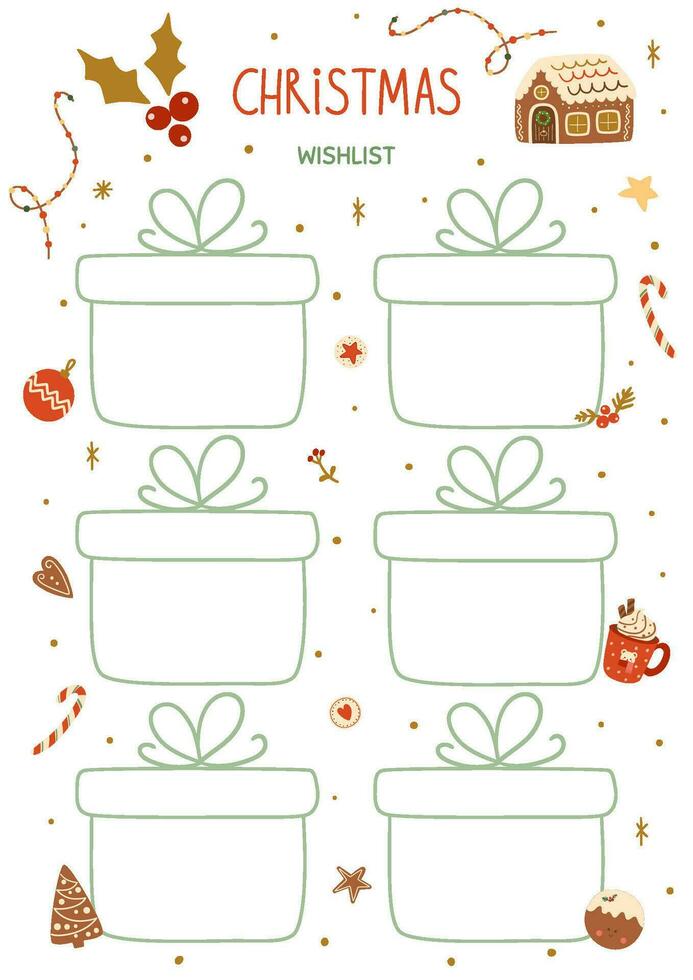 Christmas wishes template blank with gift boxes shaped decorated Christmas gingerbread cookies. Vector winter gift list. Printable list for notes, planner, schedule, planner, checklist, notebook.
