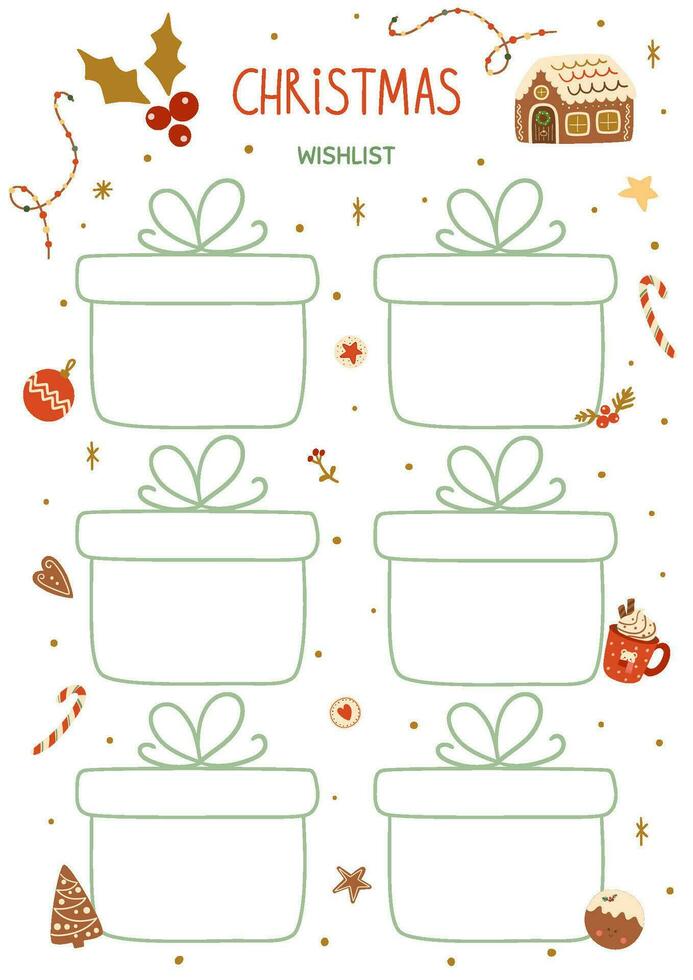 Navidad deseos modelo blanco con regalo cajas conformado decorado Navidad pan de jengibre galletas. vector invierno regalo lista. imprimible lista para notas, planificador, cronograma, planificador, Lista de Verificación, cuaderno.