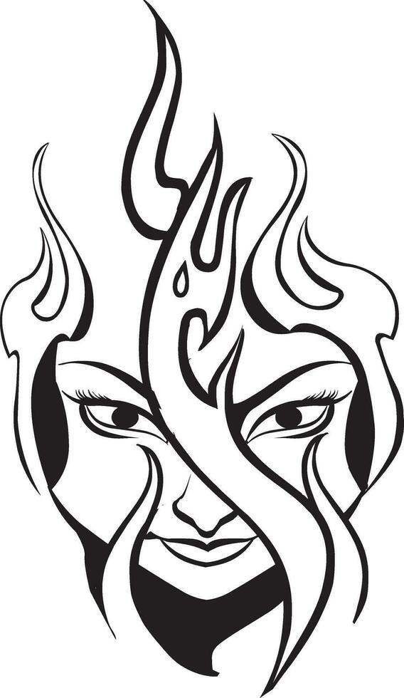 tatuaje diseño de fuego en mujer rostro, Clásico grabado. vector