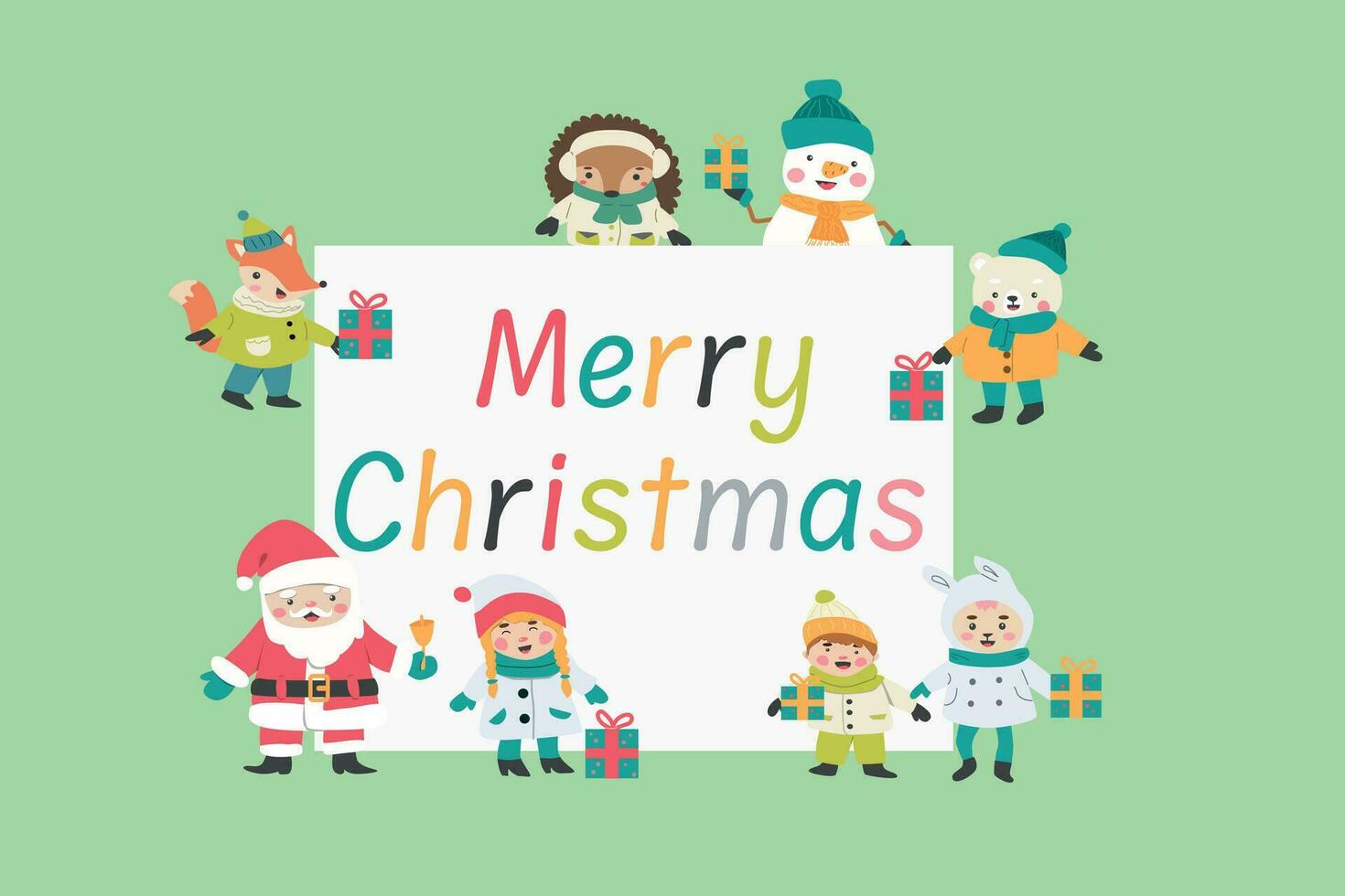 Cute xmas background with cartoon characters vector