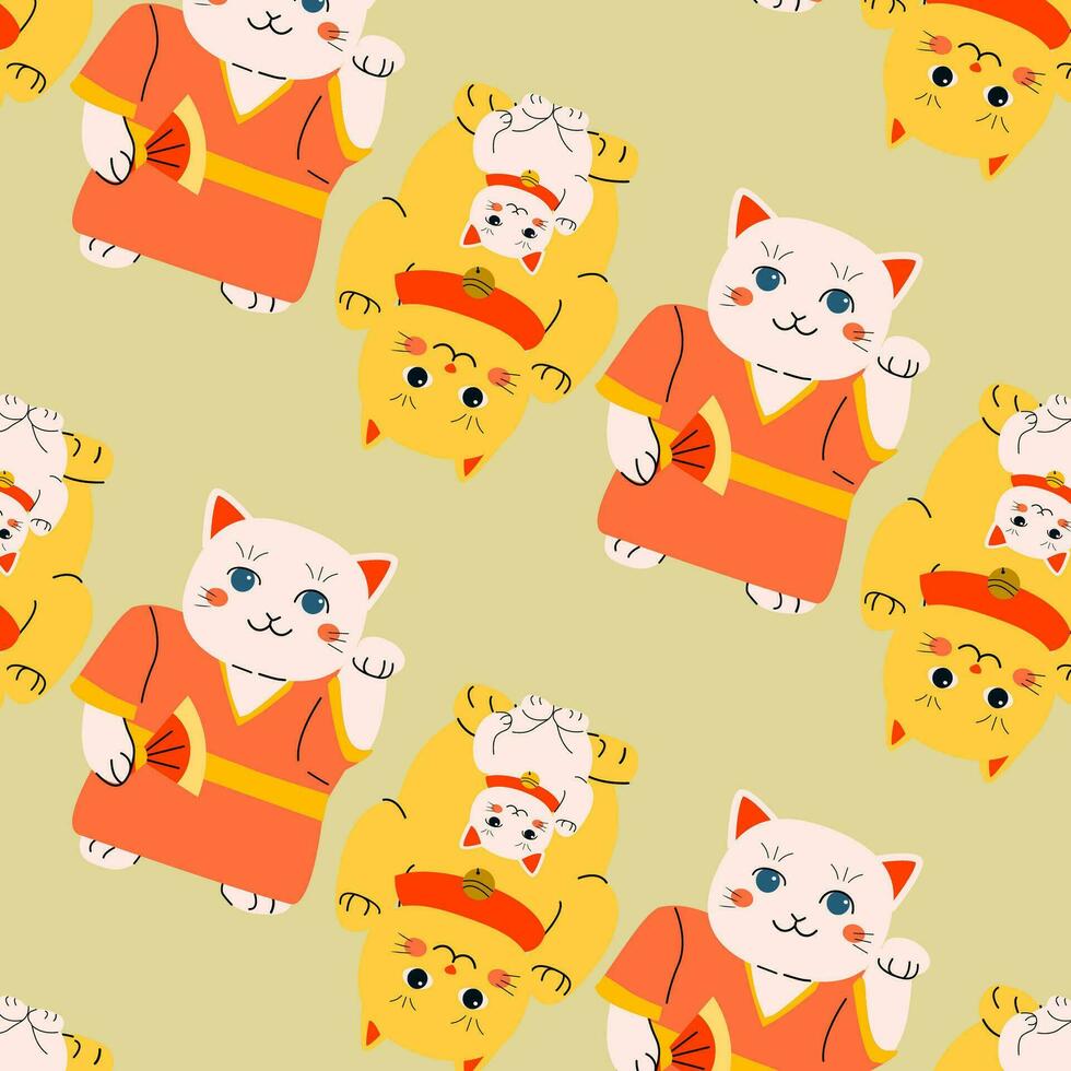 yellow and pink color cat maneki neco pattern vector