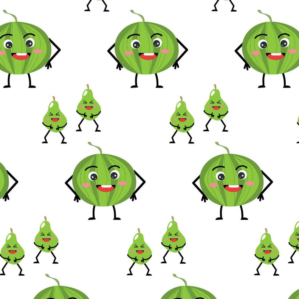 cute kids pattern with watermelon and pear fruits vector