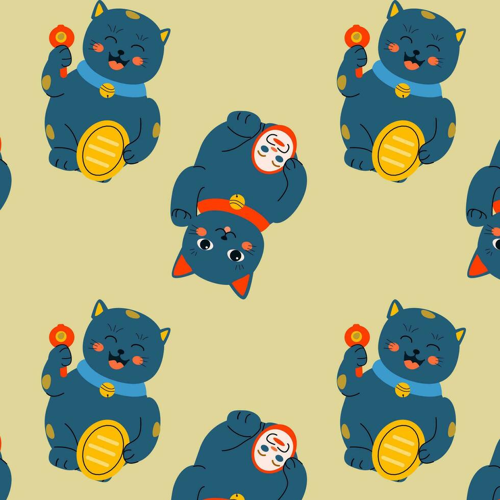 cute asian cats pattern on green background vector