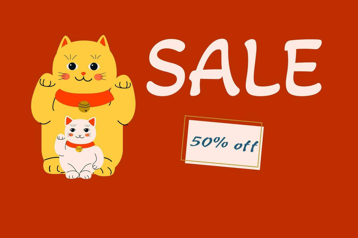 asian sale banner with maneki cat, 50 off vector