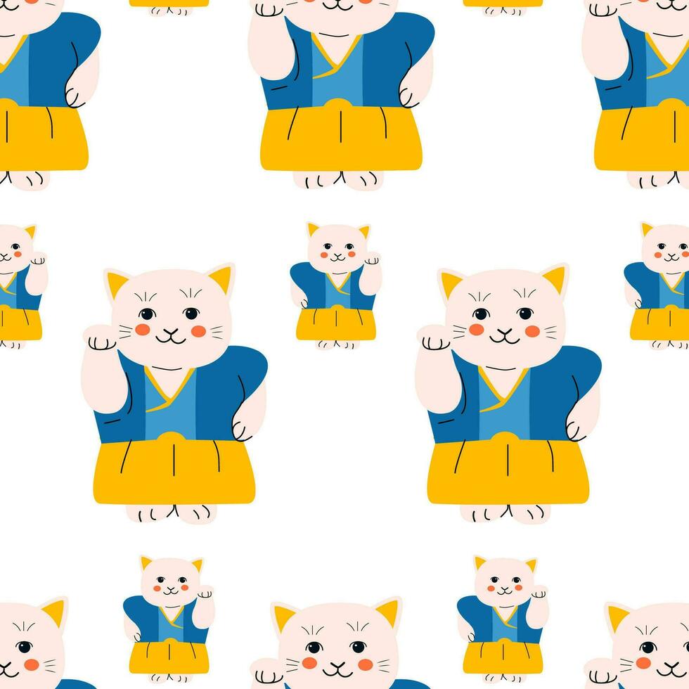 cute fabric pattern with maneki cat in kimono vector