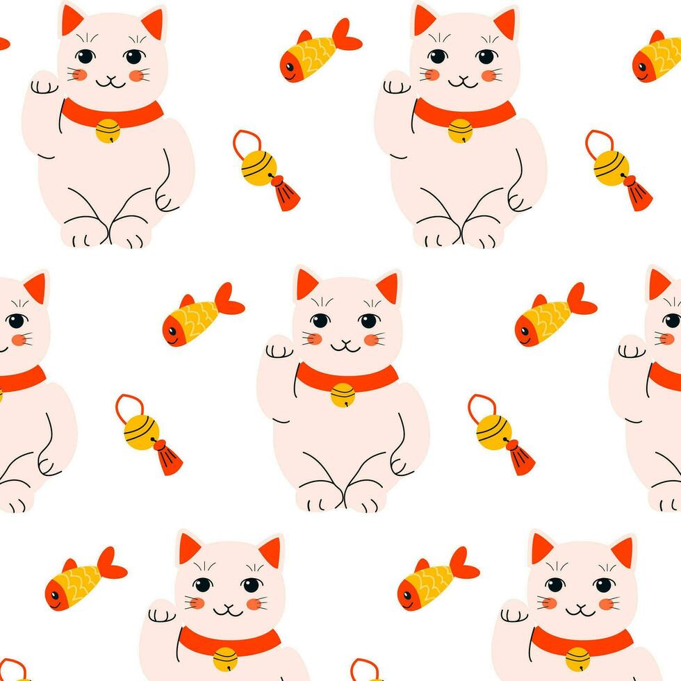 linda gato muñeca y pez, oriental campana antecedentes vector