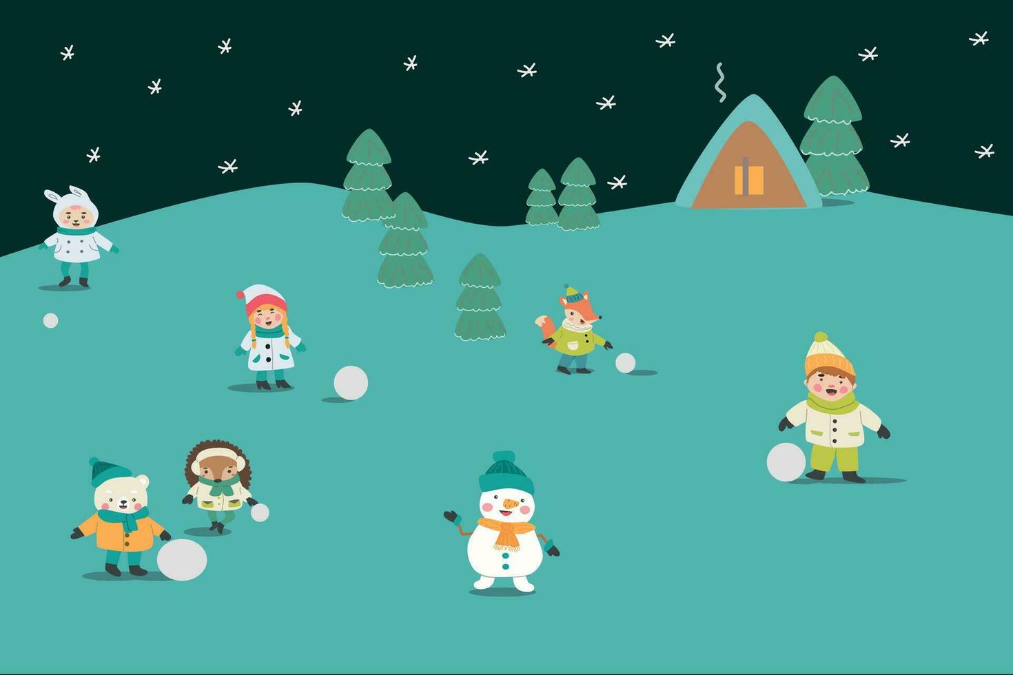 cartoon characters on rural winter landscape vector