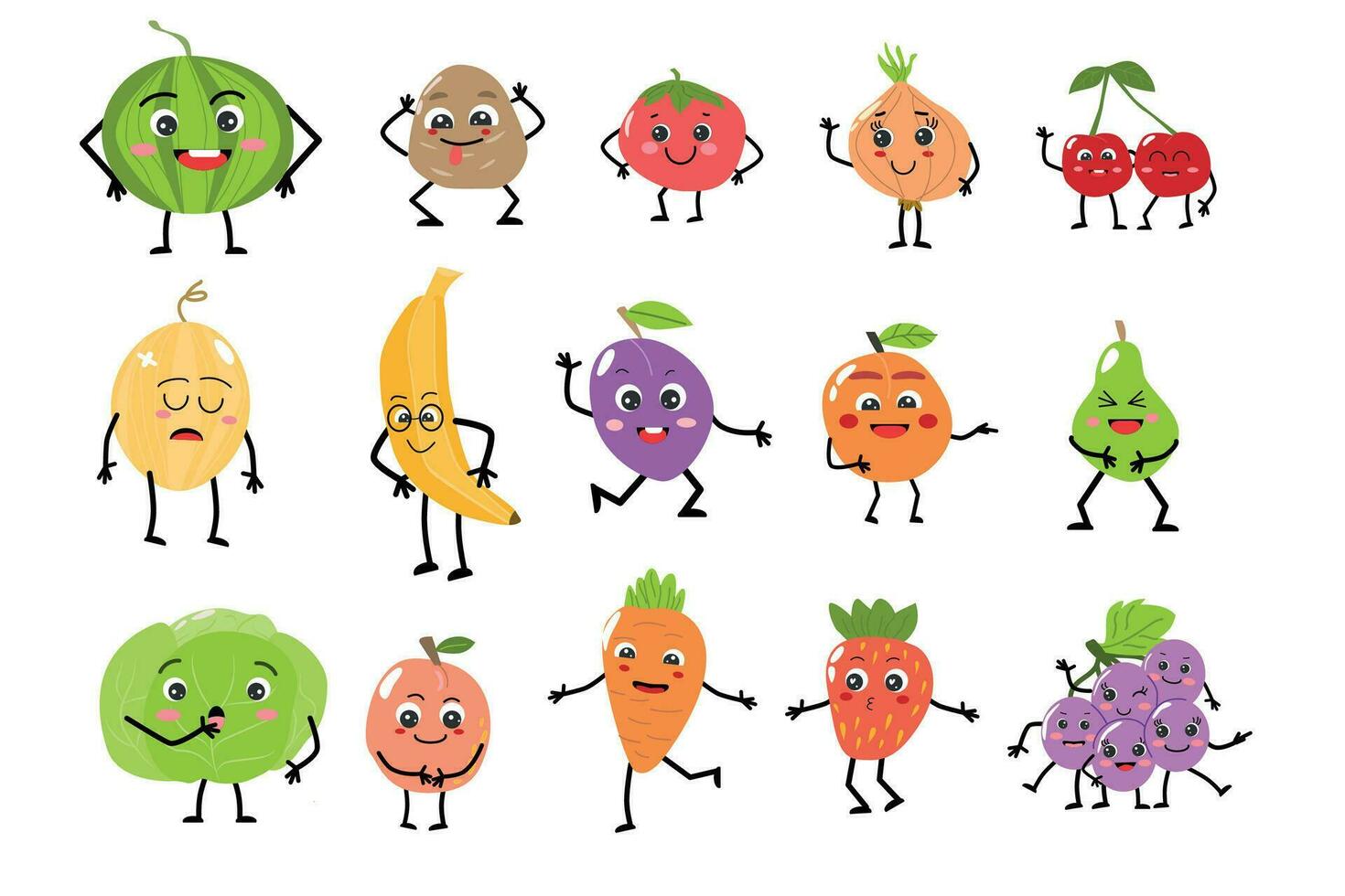 dibujos animados vegetal y Fruta linda caracteres caras vector