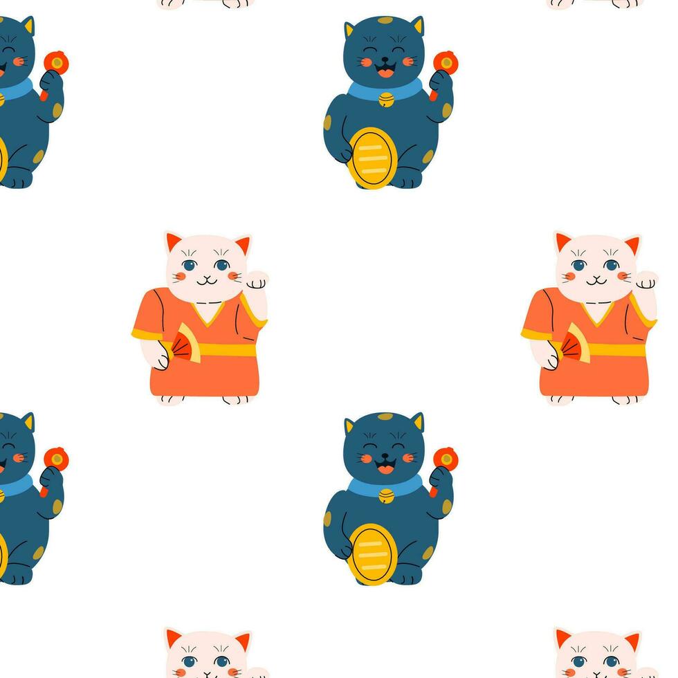 cat figurine maneki neko japan textile pattern vector