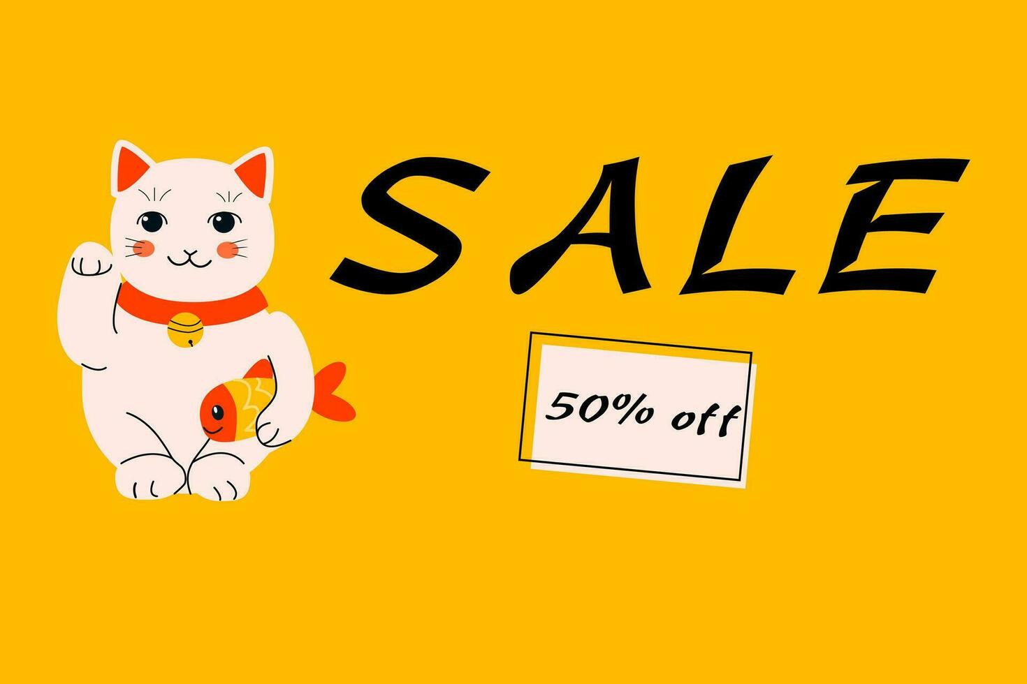 marketing card, discount with cat maneki and fish vector