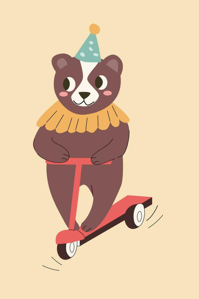 linda dibujos animados oso en scooter circo personaje vector