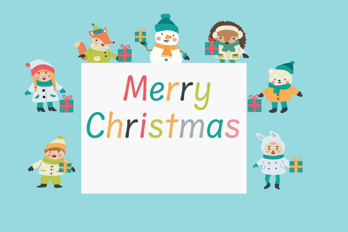 cute cartoon animal and kid character on xmas card vector