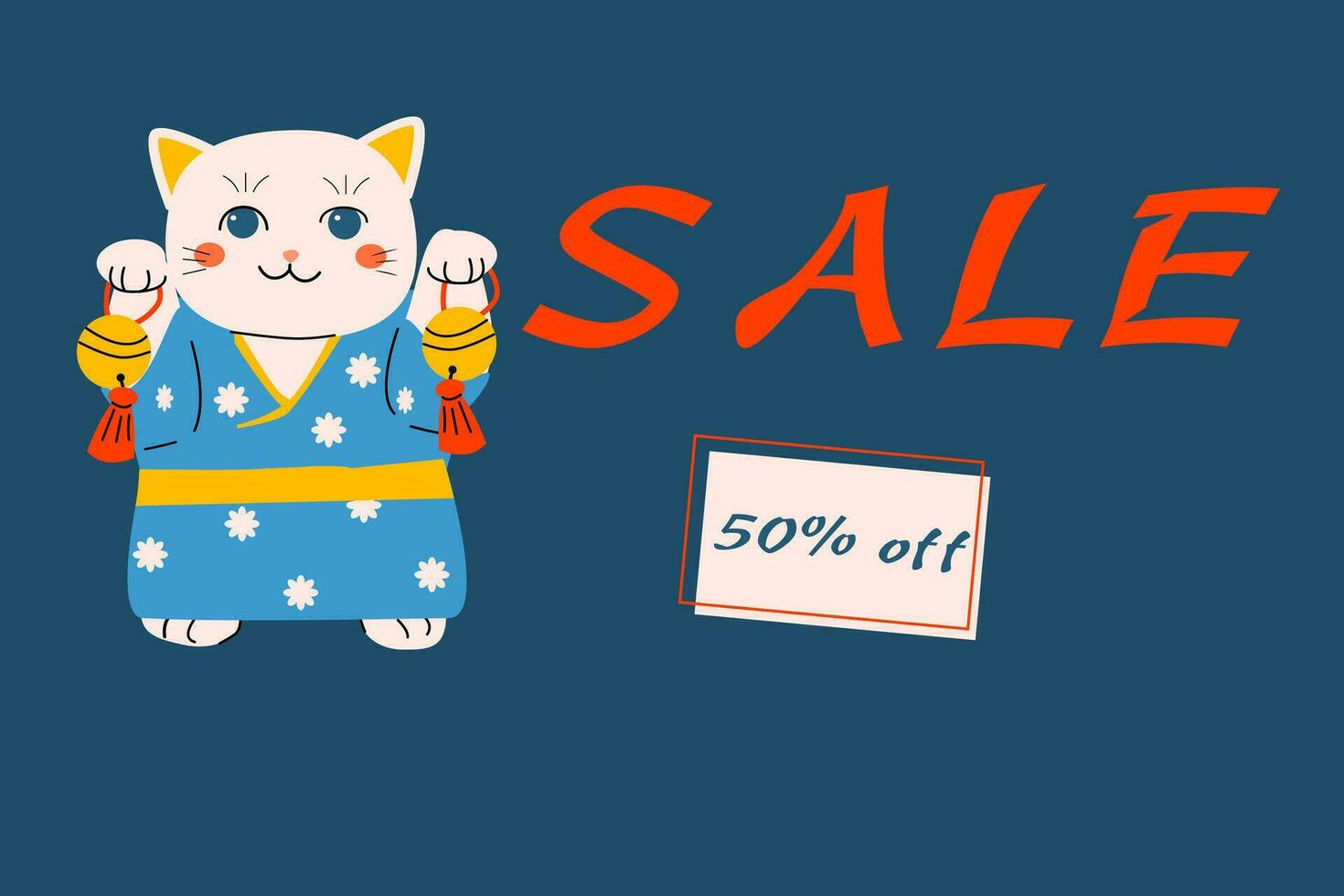 asian sale banner with cat in japanese suit vector