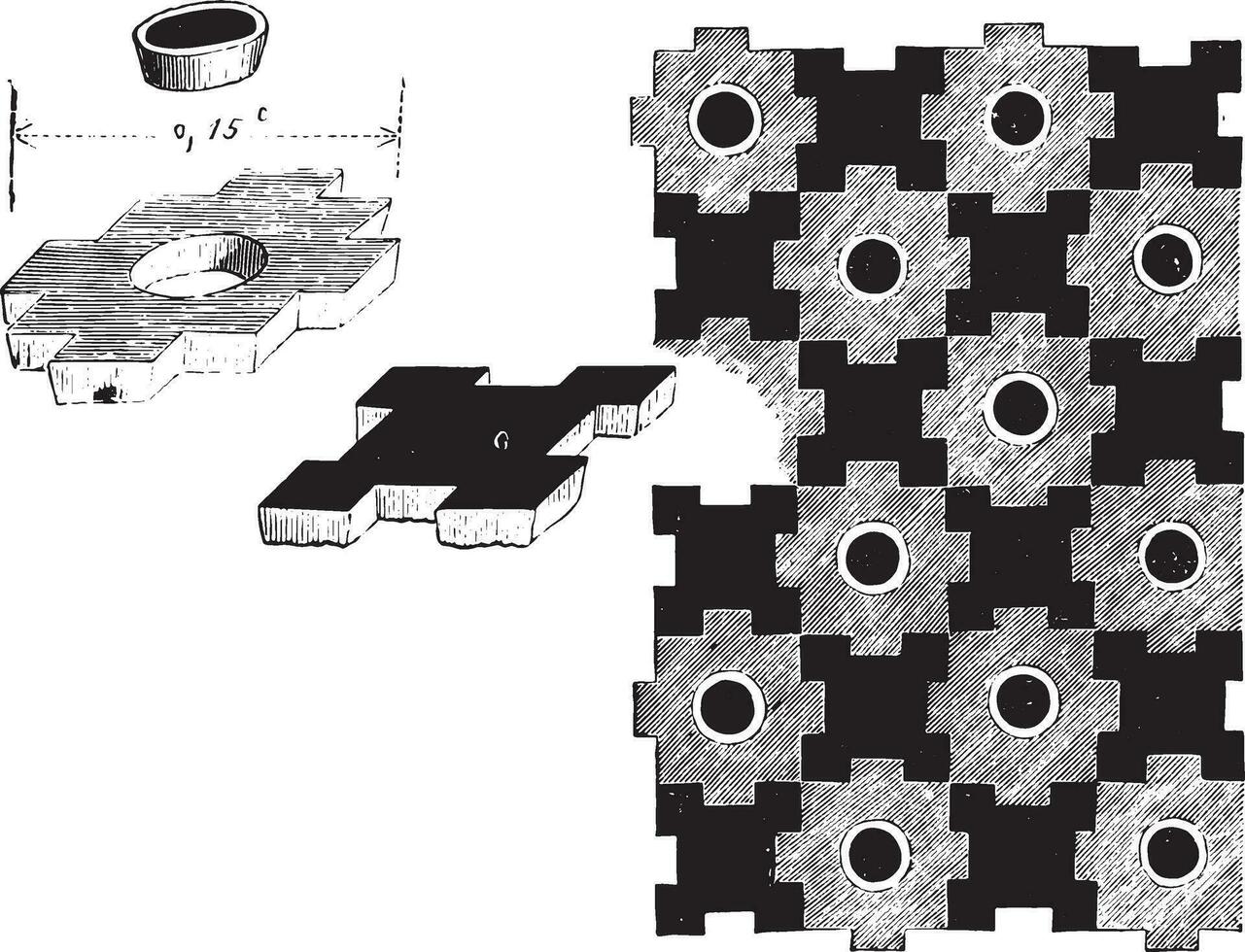 Fragments of the twelfth century tiles, Assembly, vintage engraving. vector