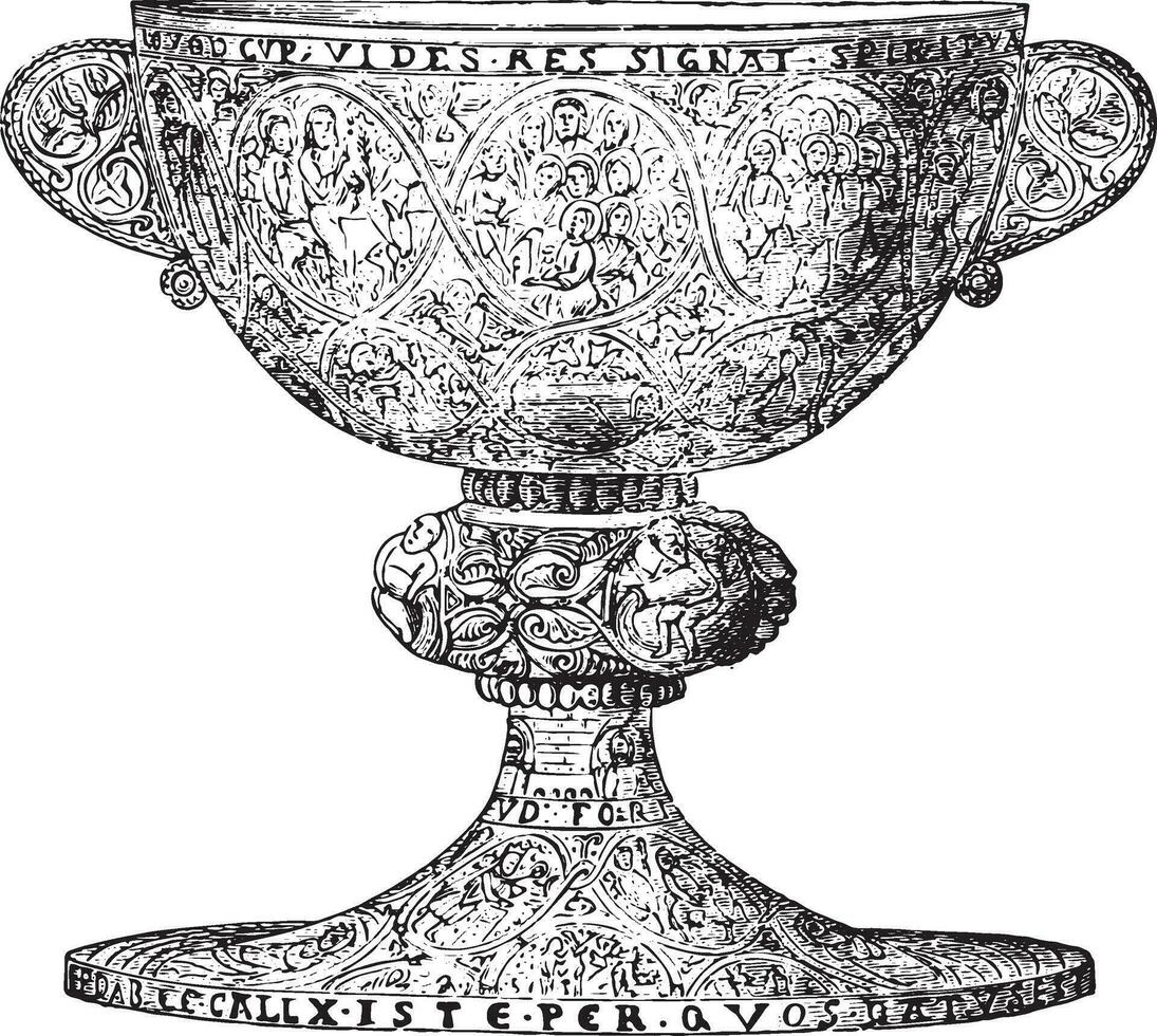 Chalice late twelfth century, silver gilt and decorated with niello figures, vintage engraving. vector