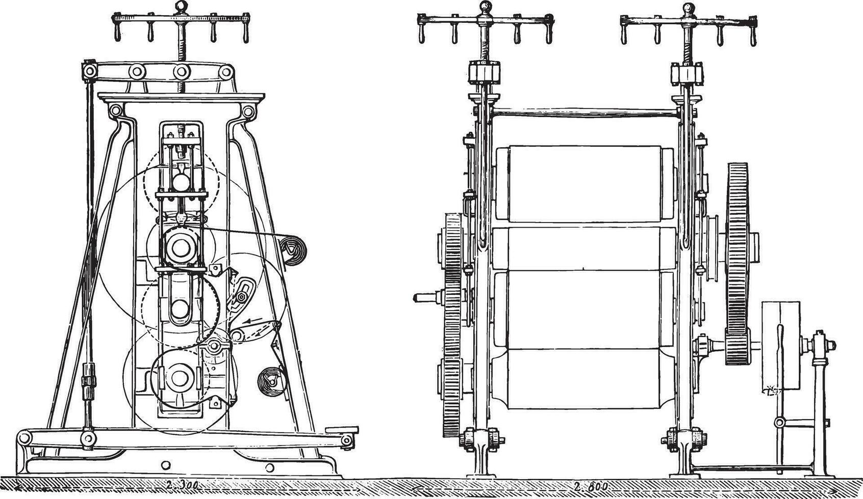 Bending machines for calendering or ordinary friction liner, vintage engraving. vector
