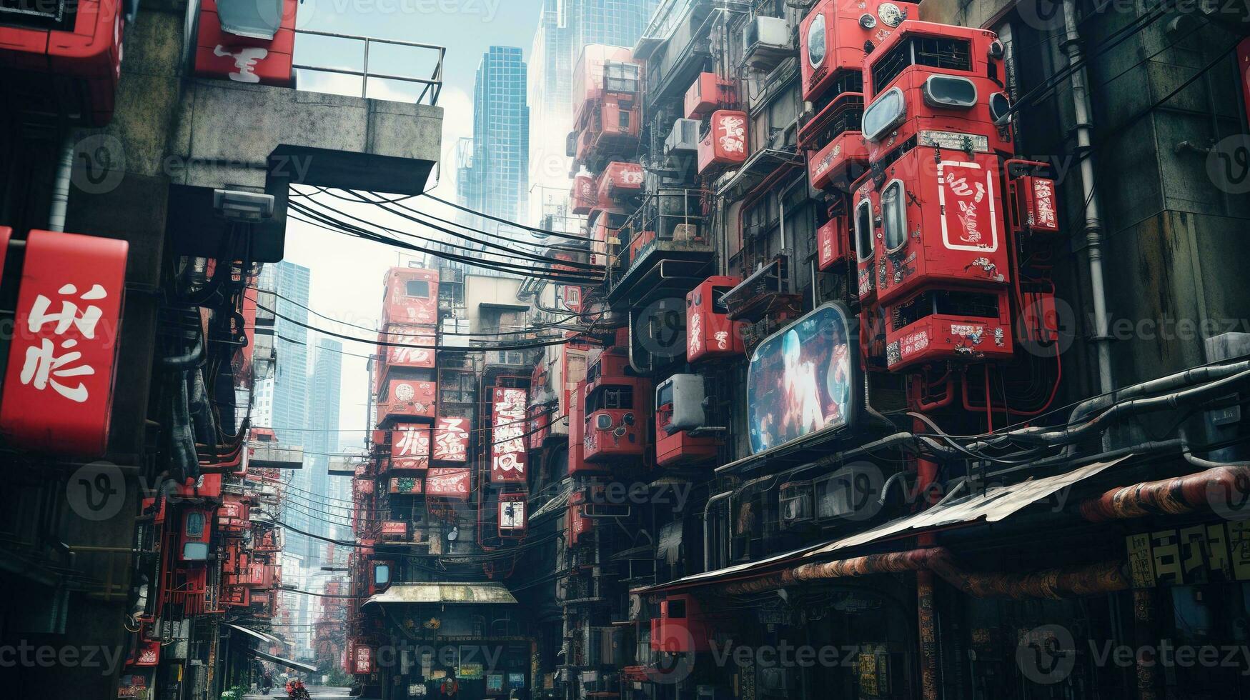 AI generated Generative AI, Futuristic Japanese city in cyberpunk style,  metaverse asian town, retro futurism photo